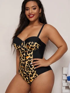 Plus Size Sleeveless Leopard Print Swimsuit