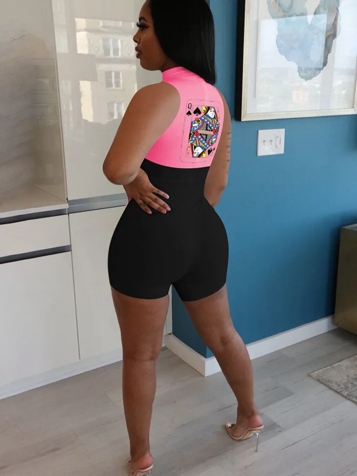 Plus Size Sleeveless Poker Patchwork Romper
