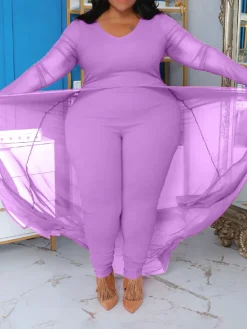 Plus Size Solid Color Patchwork Jumpsuit