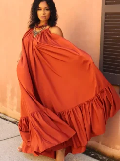 Plus Size Spaghetti Strap Ruffle Beach Maxi Swing Dress