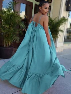 Plus Size Spaghetti Strap Ruffle Beach Maxi Swing Dress
