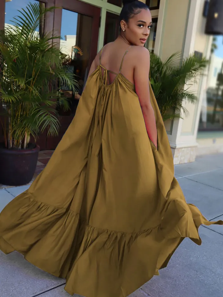 Plus Size Spaghetti Strap Ruffle Beach Maxi Swing Dress