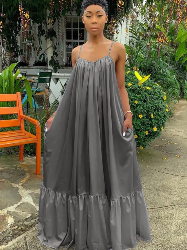 Plus Size Spaghetti Strap Ruffle Beach Maxi Swing Dress