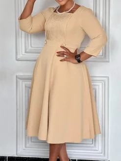 Plus Size Square Neck Pleated Dress