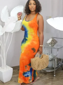 Plus Size Tie Dye Print Bodycon Maxi Dress