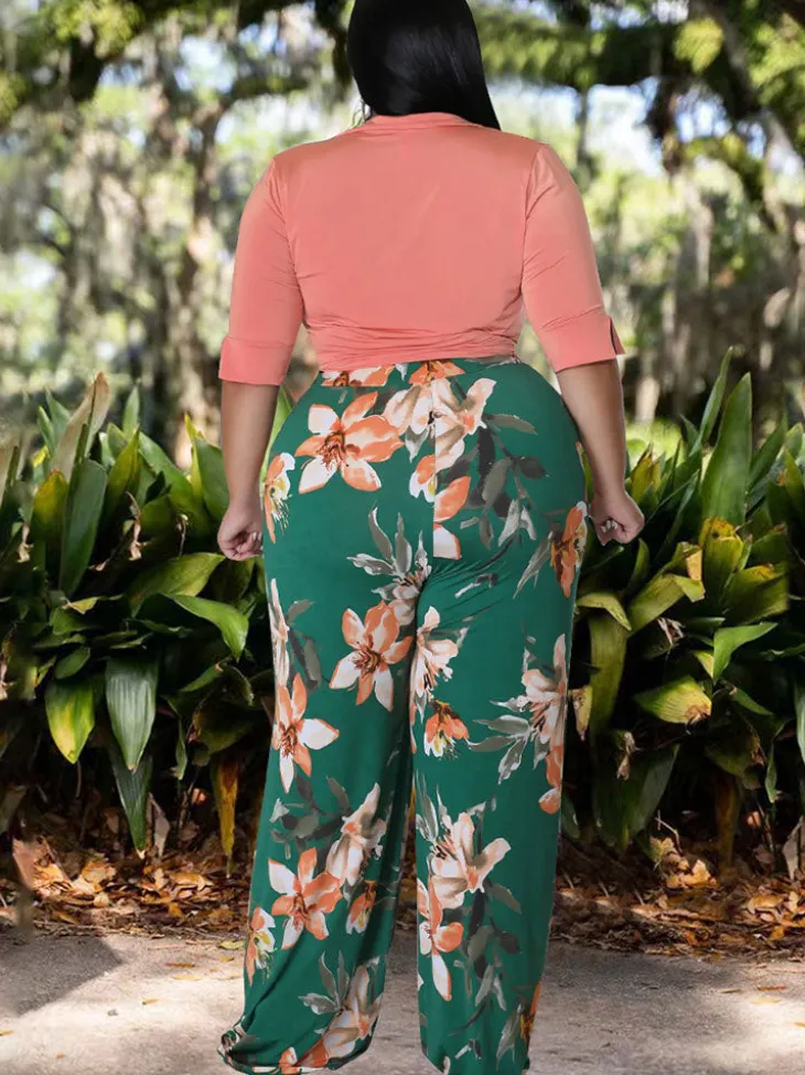 Plus Size Two Piece Crop Top Long Pants Outfits