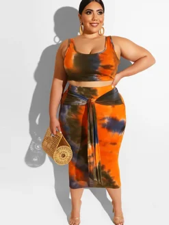 Plus Size Two Piece Tank Top Midi Skirt Set