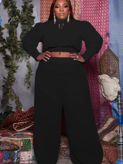 Plus Size Two Piece V Neck Crop Top Ruffle Wide Leg Pants
