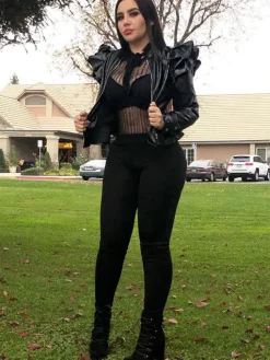 PU Leather Ruffle Long Sleeves Jacket