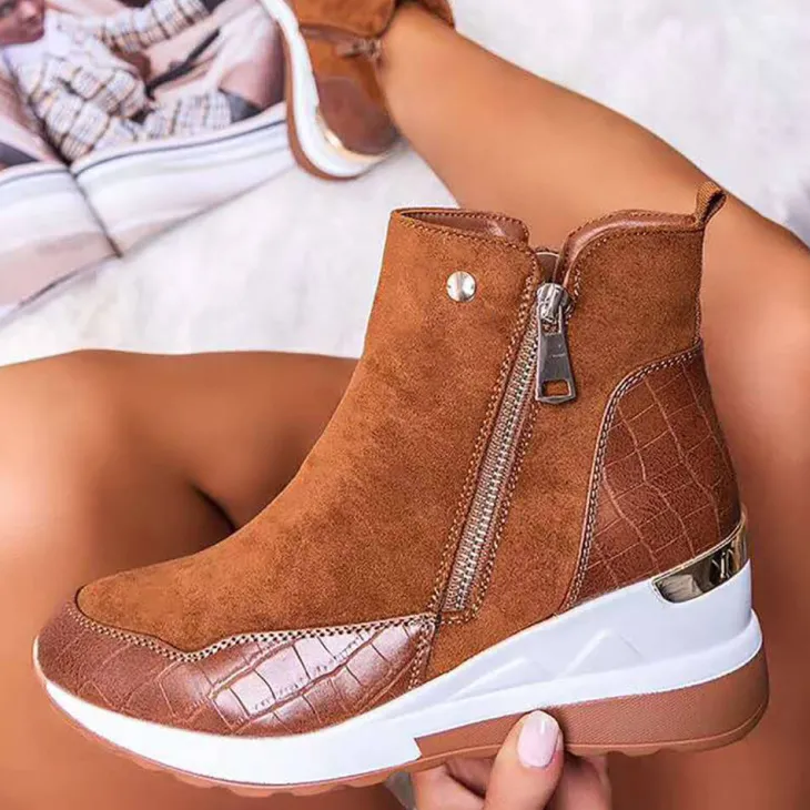 PU Patchwork Side Zipper Ankle Bootsies