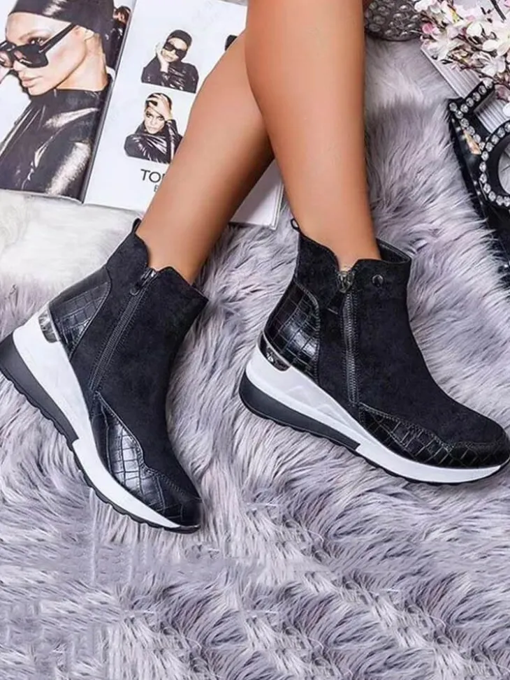 PU Patchwork Side Zipper Ankle Bootsies