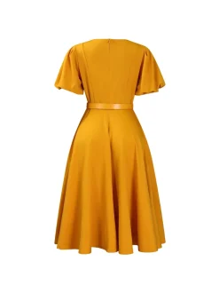 Puff Sleeve Belted A-Line Midi Dress