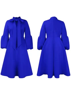 Puff Sleeve Bow-Tie Neck Flared Midi Dress