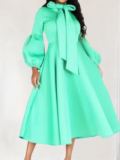 Puff Sleeve Bow-Tie Neck Flared Midi Dress