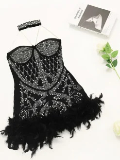 Rhinestone Feathers Halter Neck Romper