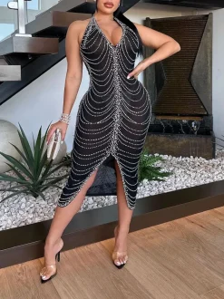 Rhinestone Halter Neck Mesh Dress
