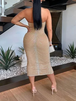 Rhinestone Halter Neck Mesh Dress