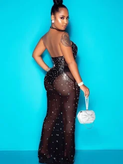 Rhinestone Mesh Backless Bodycon Maxi Dress