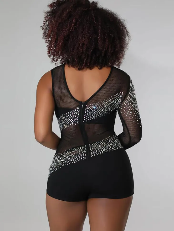 Rhinestone Mesh Patchwork Zip Up Short Jumpsuit