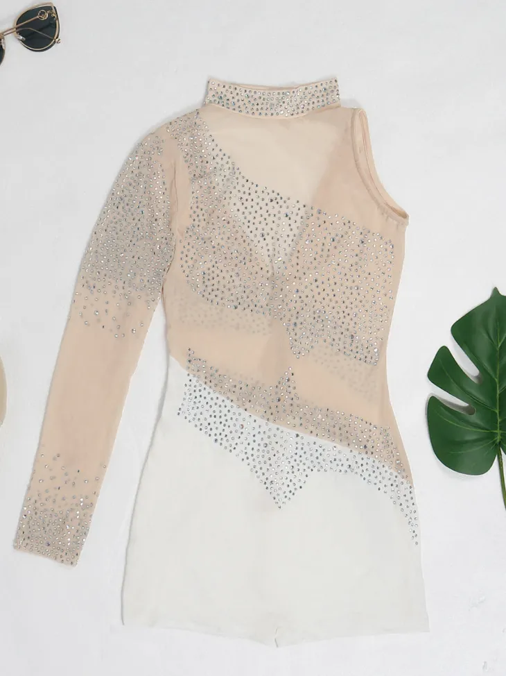Rhinestone Mesh Patchwork Zip Up Short Jumpsuit