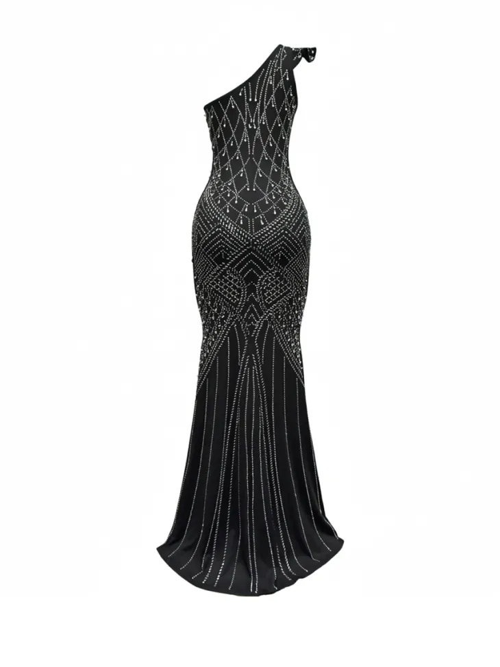 Rhinestone One-Shoulder Maxi Dress