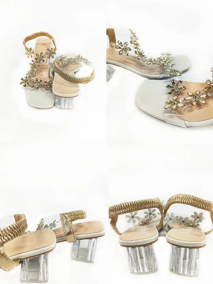 Rhinestone Patchwork Chunky Open Toe Heel