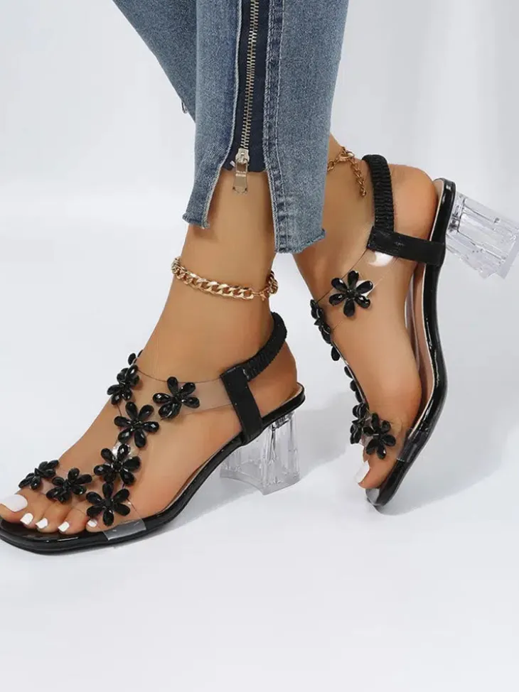 Rhinestone Patchwork Chunky Open Toe Heel