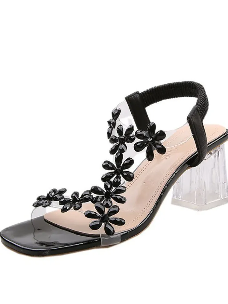 Rhinestone Patchwork Chunky Open Toe Heel