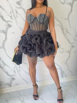 Rhinestone Spaghetti Strap Tulle Layered Dress