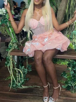 Rhinestone Spaghetti Strap Tulle Layered Dress