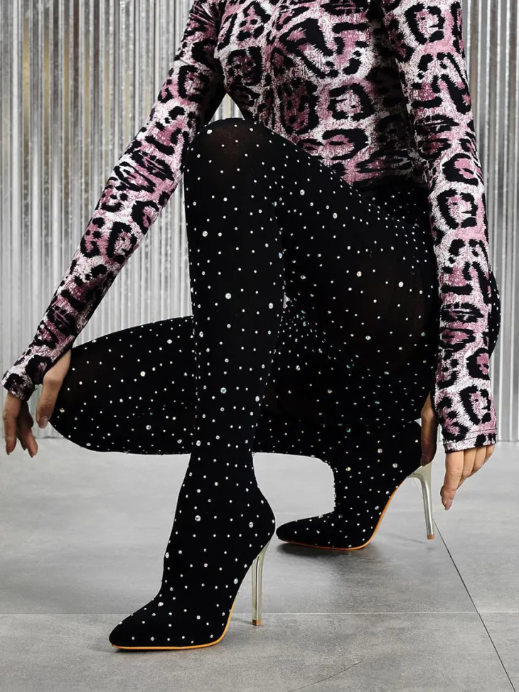 Rhinestone Stiletto Pointed Toe Pants Boots