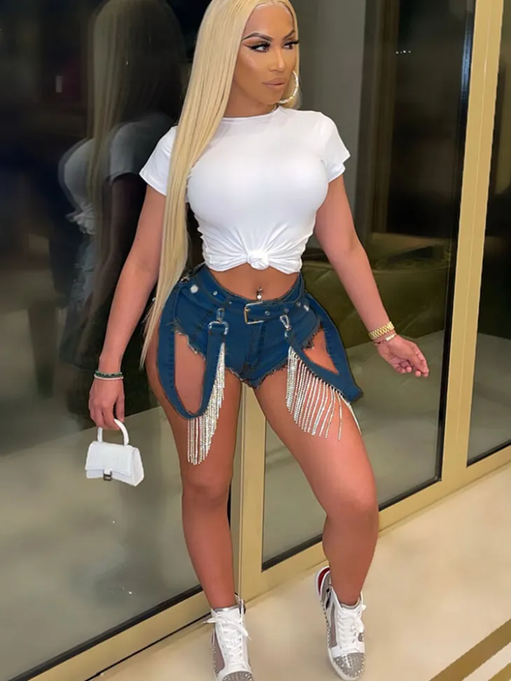 Rhinestone Tassel Patchwork Denim Bodycon Shorts
