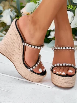 Rhinestone Transparent Strap Wedge Sandals