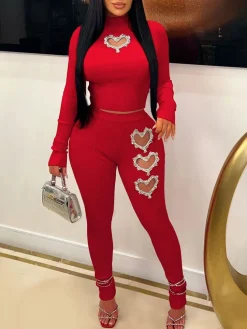 Rhinestone Two-Piece Heart Hollow-Out Pants Set