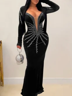 Rhinestone Velvet Mesh Maxi Dress