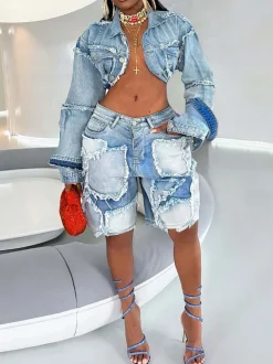 Ripped Patch Denim Jacket Shorts Set