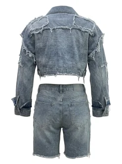Ripped Patch Denim Jacket Shorts Set