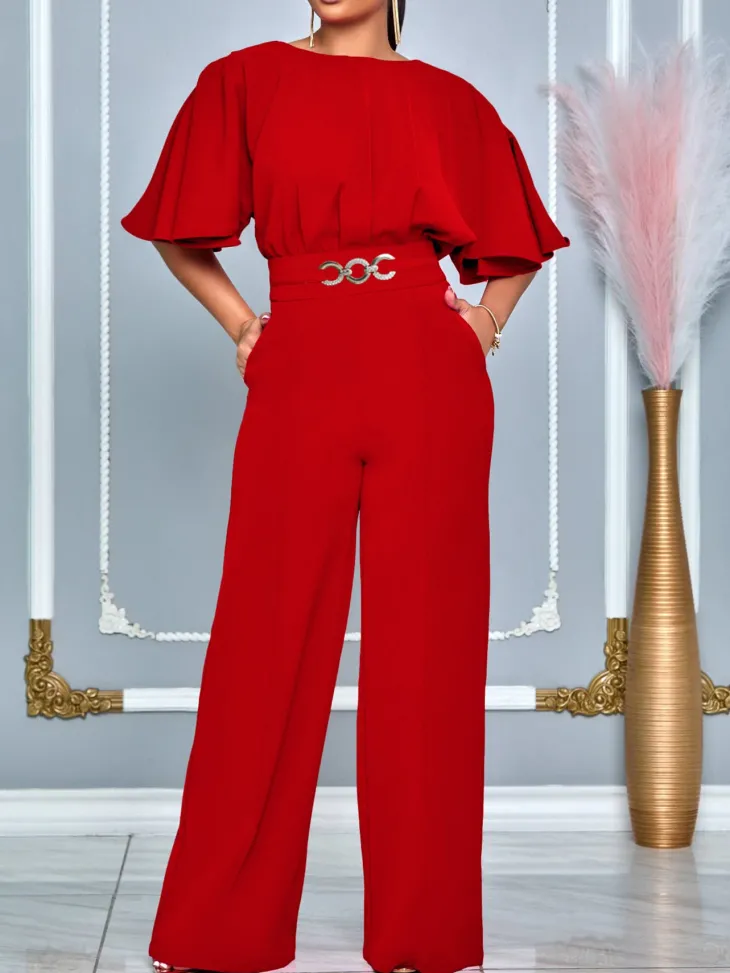 Round Neck Solid Color Wide-Leg Jumpsuit