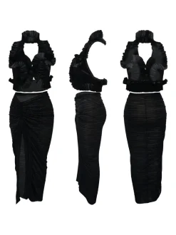 Ruffle Hem Top Ruched Slit Skirt Set