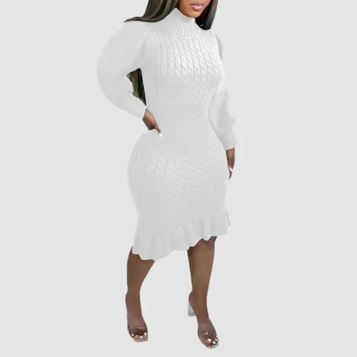 Ruffled Knitted Turtleneck Dress