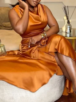 Satin Ruffle Ruched Asymmetrical Dress