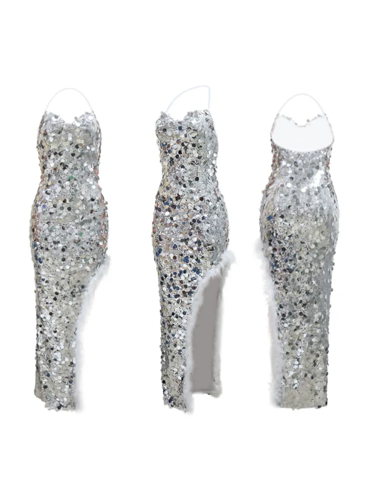 Sequin Halter Backless Feather Trim Dress