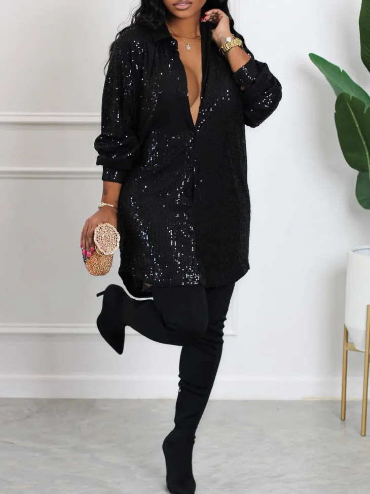 Sequins Long Sleeve Shirts Mini Dress