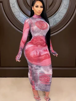 Sheer Mesh See Through Dollar Print Maxi Dress