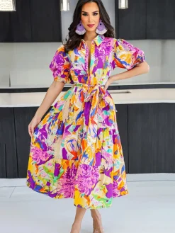 Short Lantern Sleeve Floral Print Midi Dress