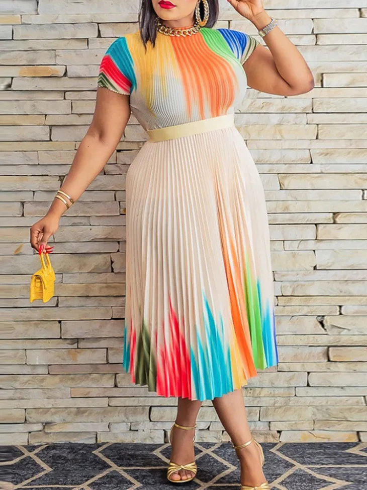 Short Sleeve Floral Print Pleated Skrit Suit