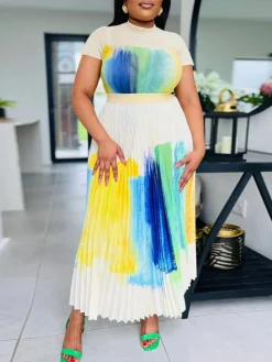 Short Sleeve Floral Print Pleated Skrit Suit