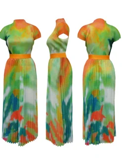 Short Sleeve Floral Print Pleated Skrit Suit