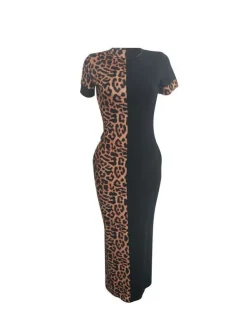 Short Sleeve Leopard Printed Patchwork Maxi Dress