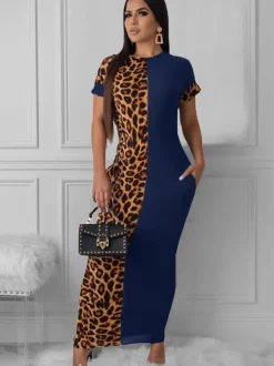 Short Sleeve Leopard Printed Patchwork Maxi Dress